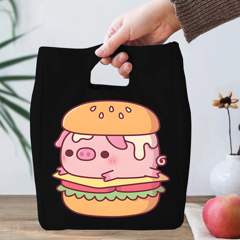 Isolierte Lunchtasche aus Segeltuch mit Hamburger-Schweinchen-Design, für Studenten, süße Tierliebhaber, tragbare Bento-Taschen, wiederverwendbare Lunch-Tragebox für Kinder