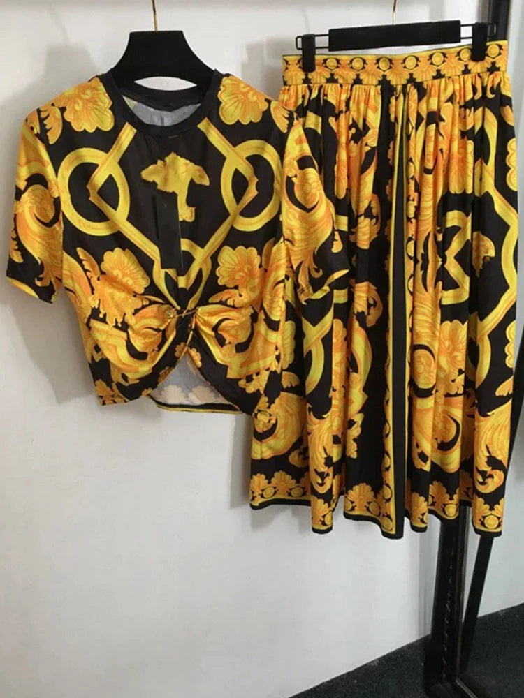 Retro printing irregular pin pleated short T-shirt 2025 summer women's two-piece suit+high waist loose skirt fashion suit