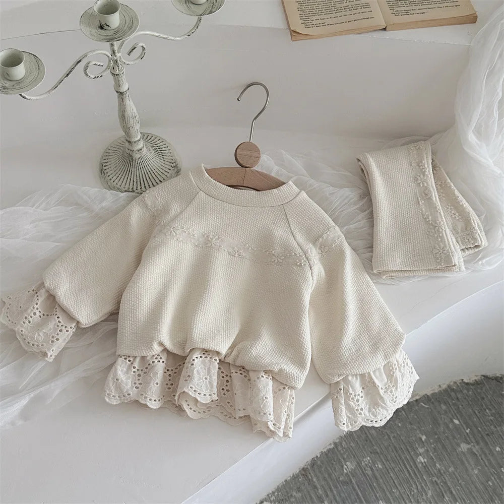 2025 Autumn New Baby Girl Long Sleeve Clothes Set Children Solid Lace Sweatshirt + Pants 2pcs Suit Cotton Toddler Girl Outfits
