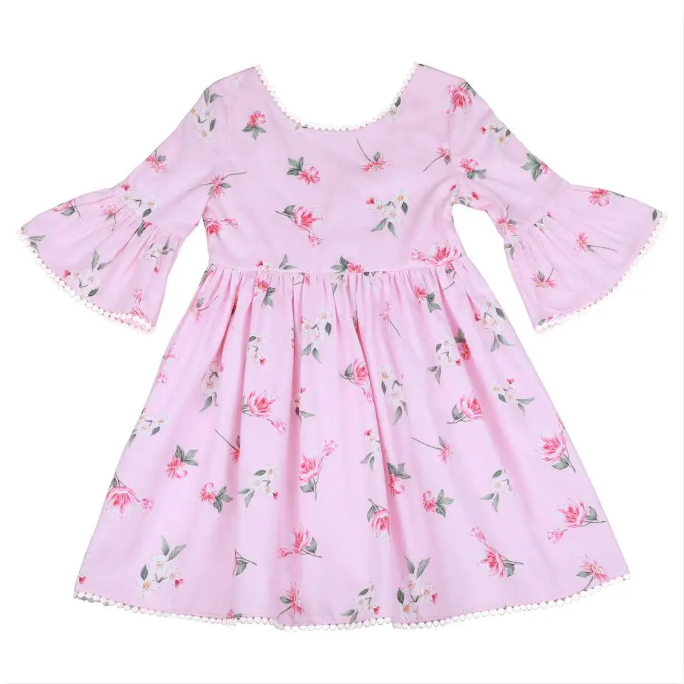 Flofallzique Baby Girls Dress Retro Small Floral Trumpet Sleeves Cute Sweet Girls Clothes For Outdoor Activities Casual Easter