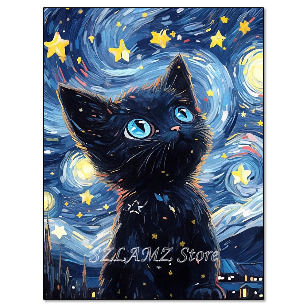 5D DIY Diamond Painting Kit Starry Sky Cat Diamond Embroidery Cross Stitch Cartoon Astral Cat Home Decoration Art Painting