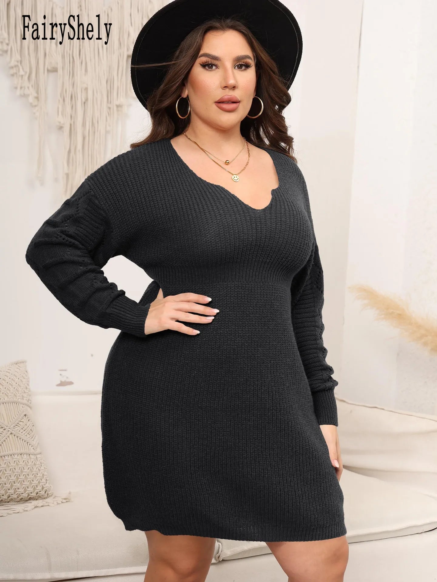 FairyShely 2025 Winter V-Neck Plus Size Sweater Dress Women Long Sleeve Large Big Knitted Dresses Autumn Tight Curvy Warm Dress