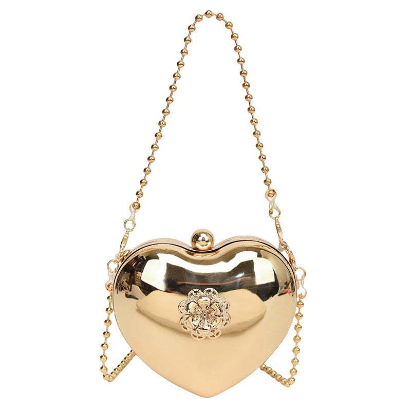 2025 New Fashion Mini Evening Party Bag Metal Frame Heart Shape Women Cross Body Bags Silver Gold Color Micro Chain Shoulder Bag