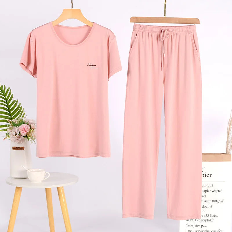 Pajama Women's Short Sleeve Long Pant Suit 2025 New Spring Summer Home Clothes Modal Large Size Pyjamas Femmes Sleepwear Set