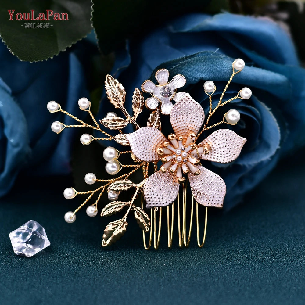 TOPQUEEN Luxury Wedding Hairpins Alloy Flower Wedding Comb Golden Color Bridal Wedding Accessories Pearl Bridal Hair Clips HP359