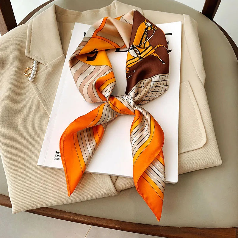 Luxury Brand 2023 Silk Square Scarf Women Cat Neck Hair Tie Band Beach Hijab Kerchief Head Headbands Bandana Female Foulard 70cm