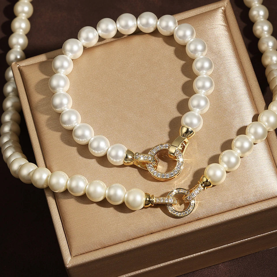 ZAKOL Elegant Zircon Round Buckle Imitation Pearl Beaded Necklace Barcelet For Women's Temperament Jewelry Set Sweet Accessories