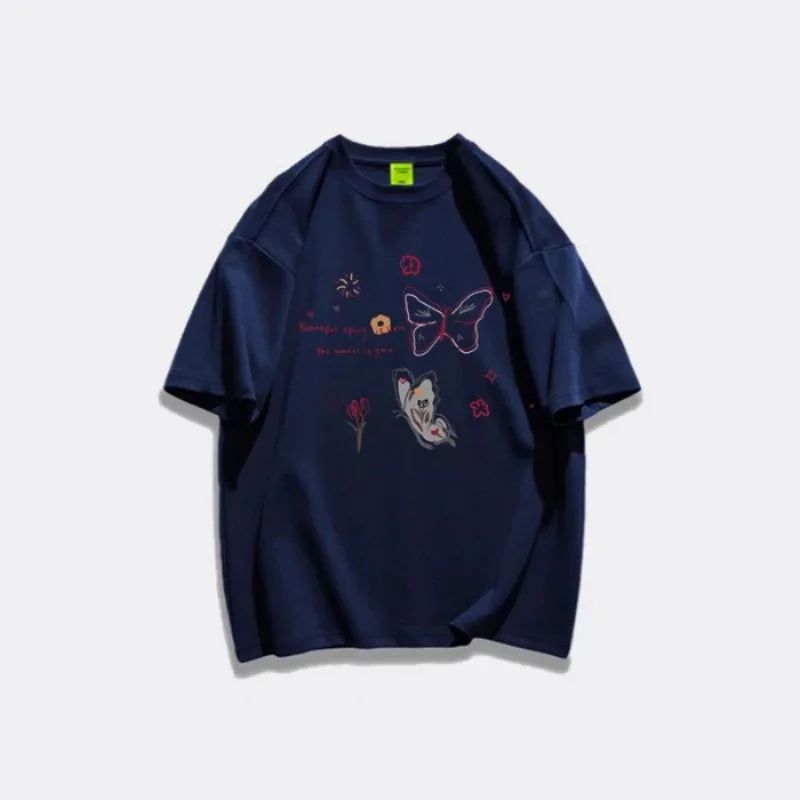 2025 New Arrival clothes Simple Style Women's Summer Loose Casual Round Neck Niche Top T-Shirt Print Butterfly Ladies Clothes T-shirts