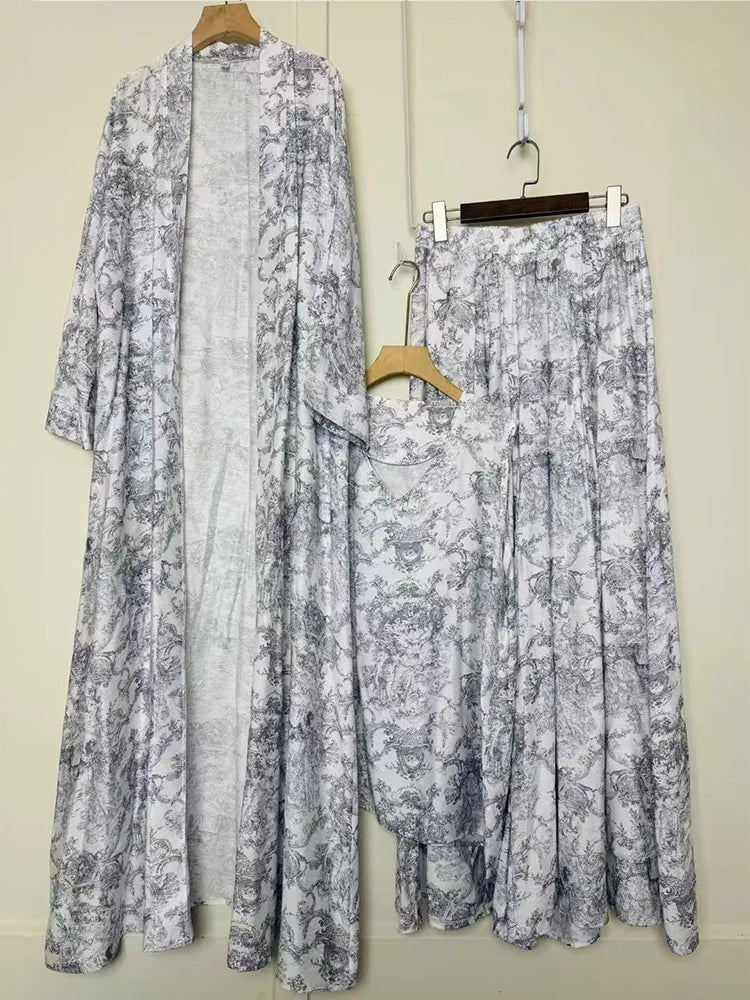 Retro geometric print loose cardigan three-piece set 2025 spring women's new pullover vest + draped loose culottes fashion suit