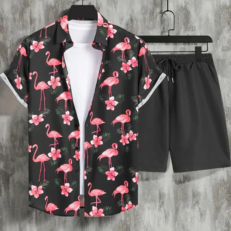 Stylish Lapel Button-Down Shirt Shorts Set Summer Men's Short-Sleeved Shirt Drawstring Shorts 2-Piece 3D Leaf Print Travel Suit mon