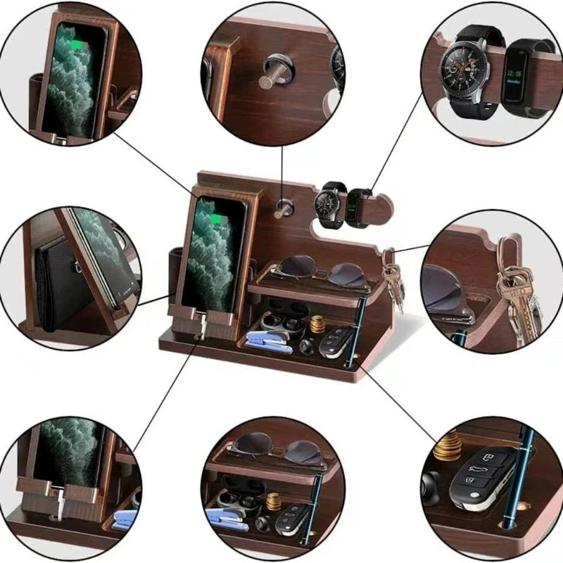 Wooden Bedside  Wood Phone Docking Station  Holder Wallet Stand Watch Storage Rack Valentines Multifunctional