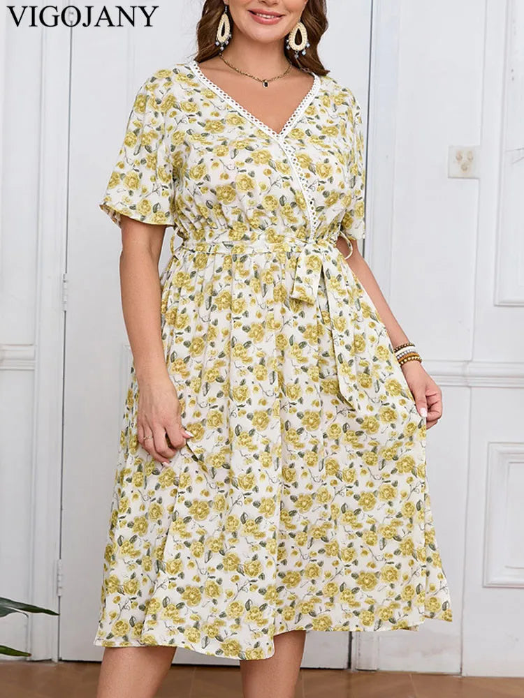 Vigojany 2025 Women Summer Print Plus Size Dress Casual V Neck Short Sleeve Large Big Dress Lady Loose Chubby Curvy Long Dresses