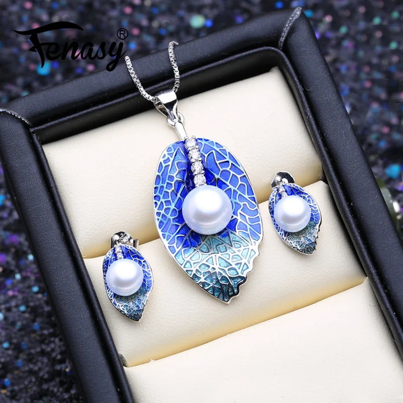FENASY 925 Sterling Silver Jewelry sets Pearl Stud Earrings Natural Pearl Leaf Necklaces For Women