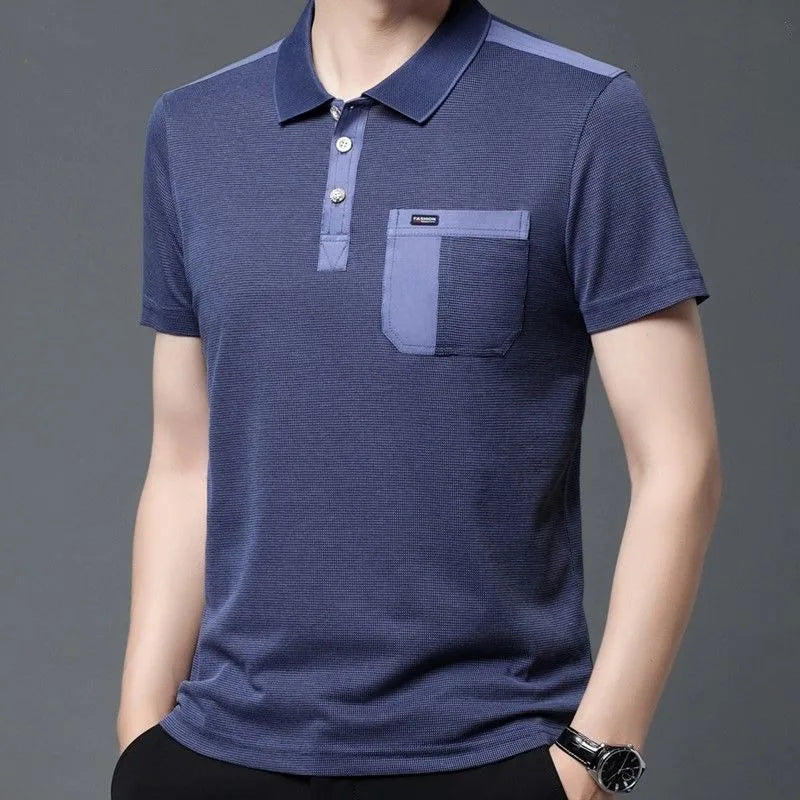 Men's Short Sleeve T-shirt Blouses Summer Thin Casual Poloturn-down Collar Tees Pockets Fashion Patchwork Vintage Tops mon