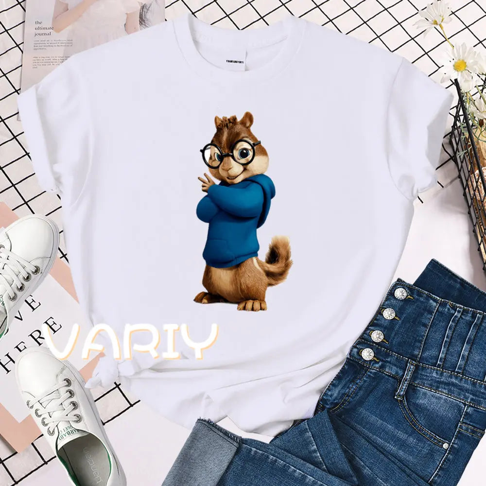 Female Alvin and the Chipmunks Printing O-neck Short Sleeve T-Shirt 2025 New Summer Trend Loose Top Tee Shirt Women Clothes