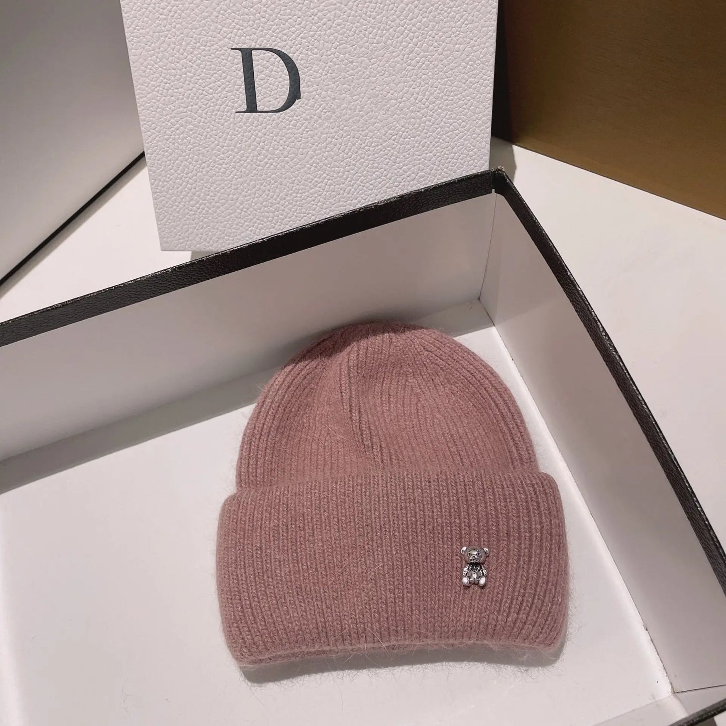 Luxus Cut Bear Echtes Kaninchenfell Strickmützen für Frauen Winter Warme Mütze Lässige Lady Beanie Walking Bonnet Wolle Skullies Caps