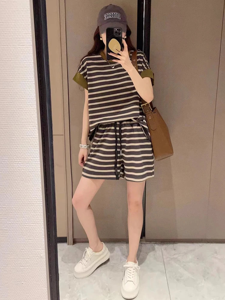 Fashion Striped Short Sleeved T Shirts Shorts 2 Piece Sets Women Outfit Summer 2024 New Casual Sports Loose Tops Pants Tracksuit