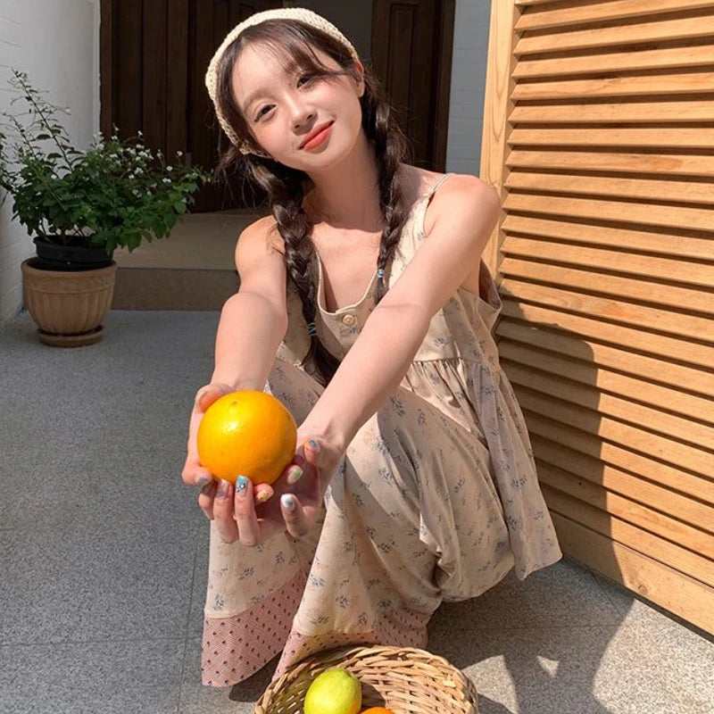 Summer Floral Pajama Sets Women Home Prairie Chic Sleeveless Girlish Sleepwear Thin Casual Students Dormitory Lounge Clothing