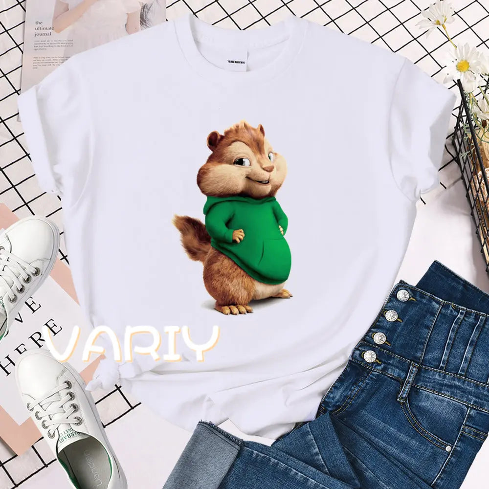 Female Alvin and the Chipmunks Printing O-neck Short Sleeve T-Shirt 2025 New Summer Trend Loose Top Tee Shirt Women Clothes