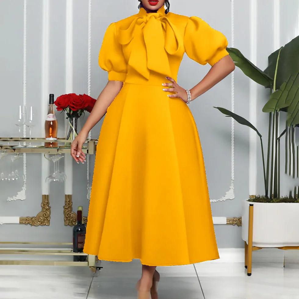 FairyShely 2025 Puff Short Sleeve Plus Size Dress Women Solid Bow Large Big Dresses Summer Lady O-Neck Party Tight Curvy Dress