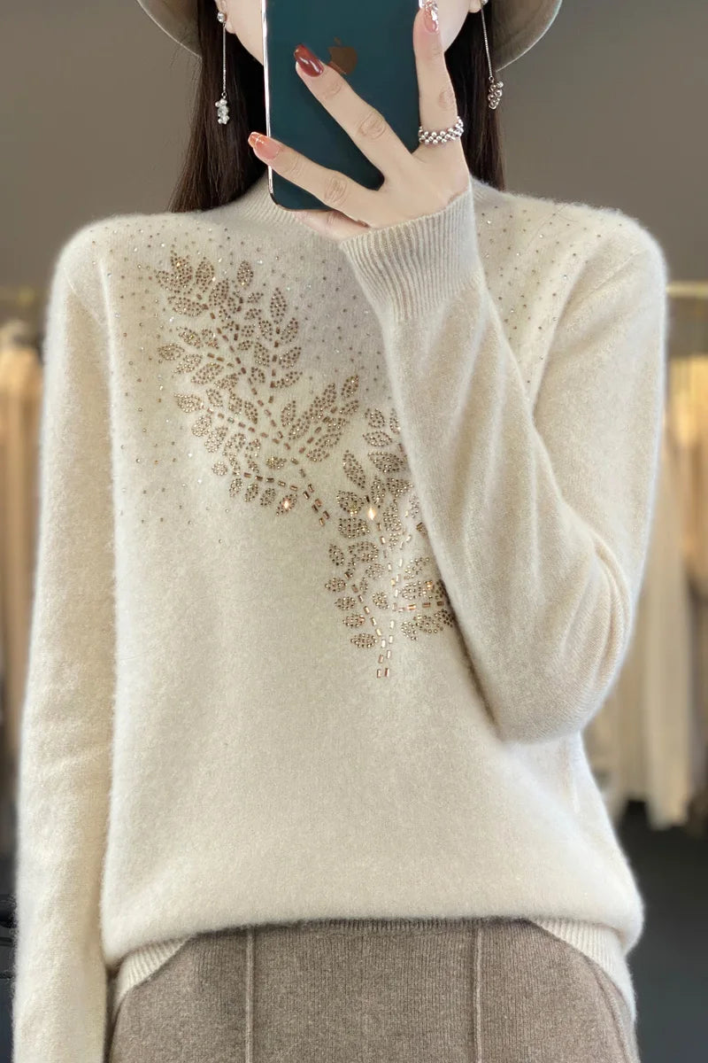 Autumn and Winter New Line ready to wear Knitted Half High Collar Leaf Diamond Women's Solid Color Simple Fashion Sweater