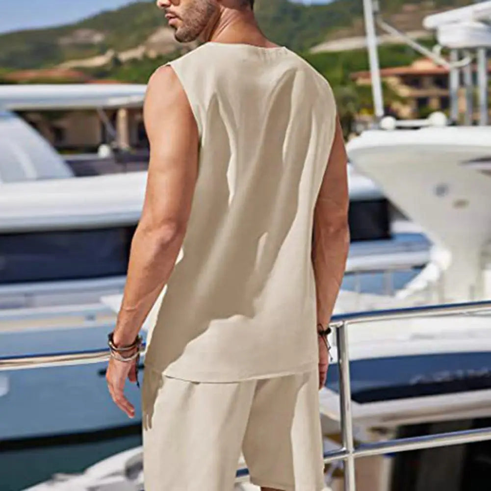 T-shirt Shorts Set Men's Sportswear Set Sleeveless V Neck Vest Elastic Waist Shorts with Patch Pockets Breathable Quick for Men mon