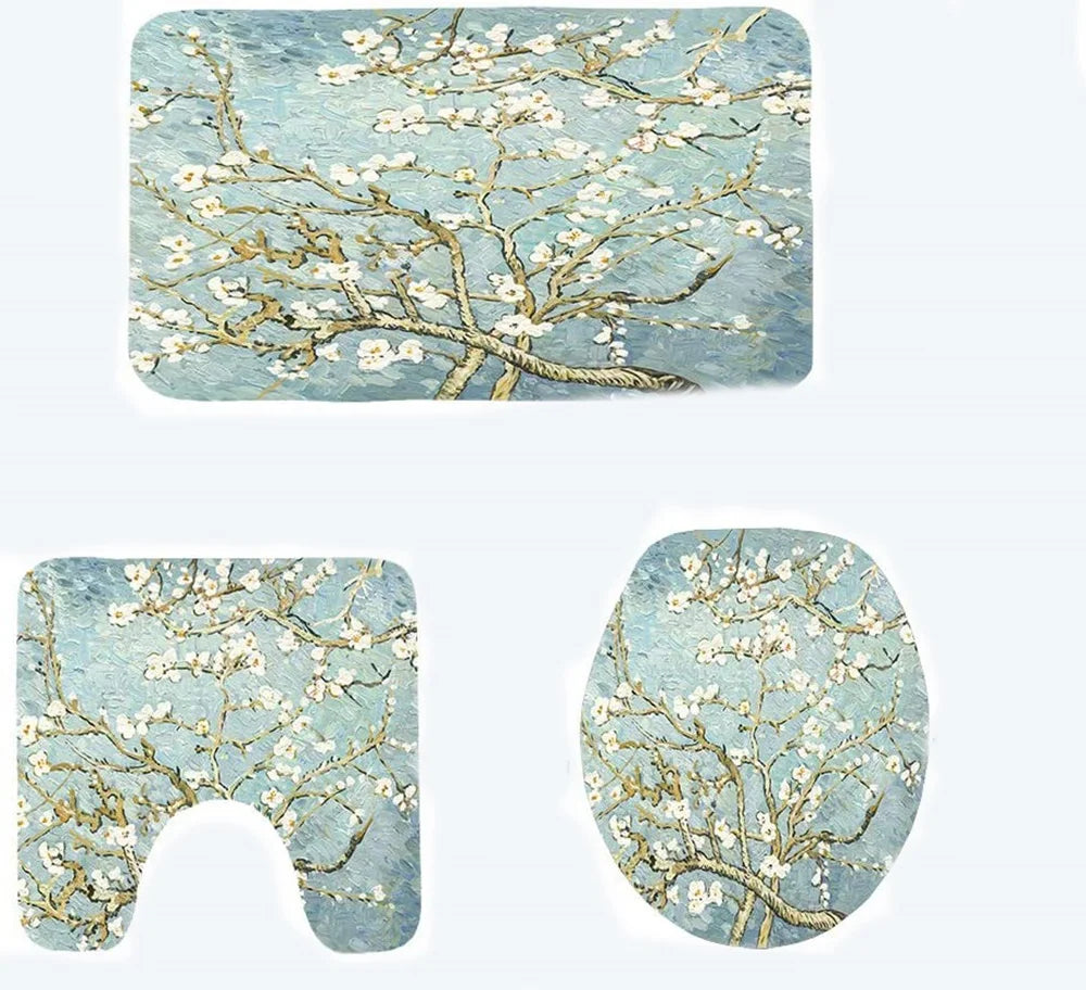 Japanese Cherry Blossom Shower Curtain Set Non-Slip Rug Toilet Lid Cover Bath Mat Spring Sakura Flower Pastoral Bathroom Curtain