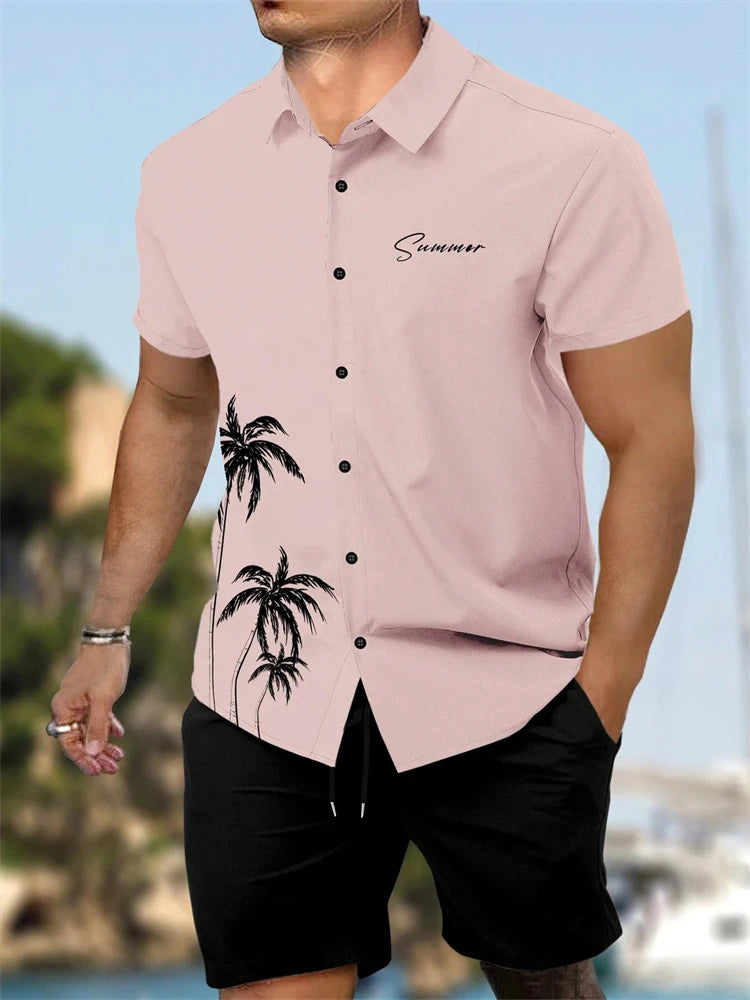 Summer New Men's Short Sleeve Shirt and Shorts 2 Piece Set Fashion Coconut Tree Print Lapel Shirt Beach Drawstring Shorts Set mon