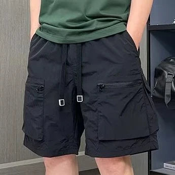 Cargo-Shorts für Herren, einfarbig, locker, trendig, amerikanischer Stil, High Street, mehrere Taschen, Reißverschluss, Alltag, Sommer, Kordelzug, schön, jugendlich