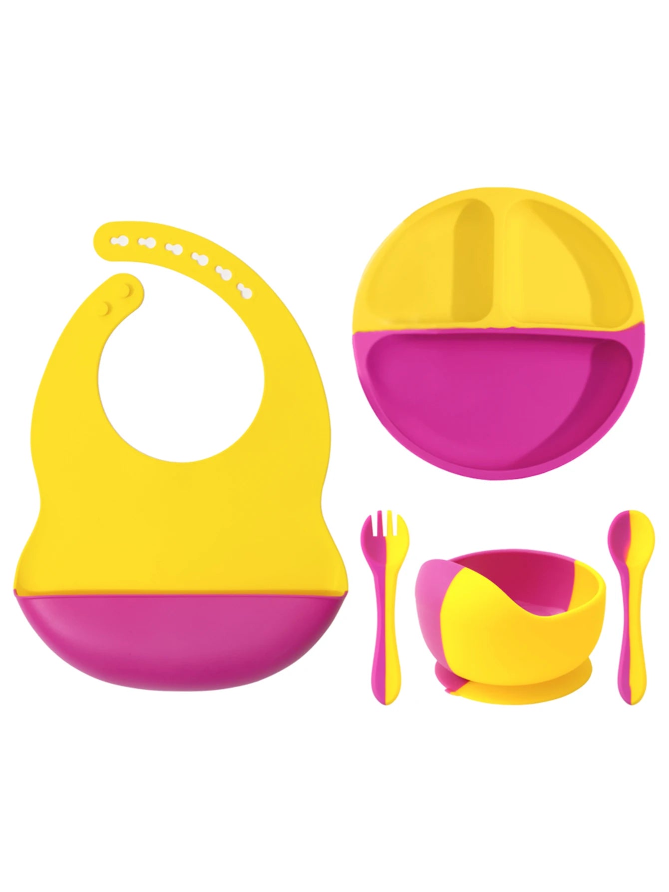 5PCS Baby Silicone Tableware Set Color Contrast Bib Suction Bowl Non-slip Plate Soft Spoon Fork Feeding Training Baby Dinner Set