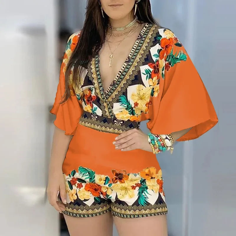 2025 clothes Women's Casual Jumpsuits Elegant Floral Print Overalls Summer Deep V-neck 3/4 Sleeve Rompers Ladies' Clothes Mujer Outfits