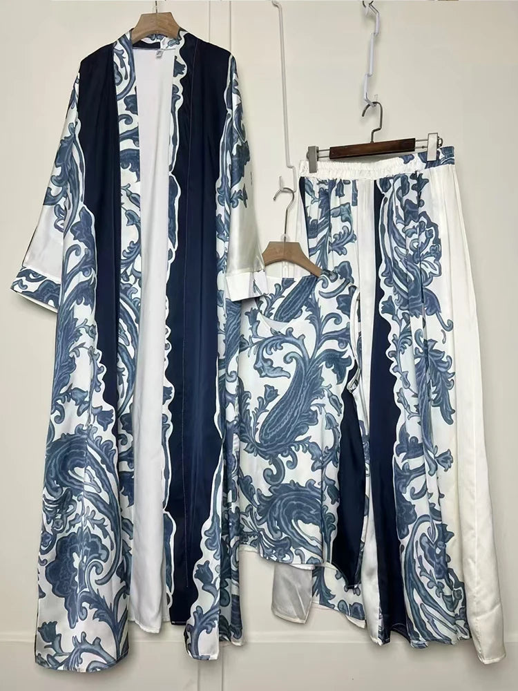Retro geometric print loose cardigan three-piece set 2025 spring women's new pullover vest + draped loose culottes fashion suit