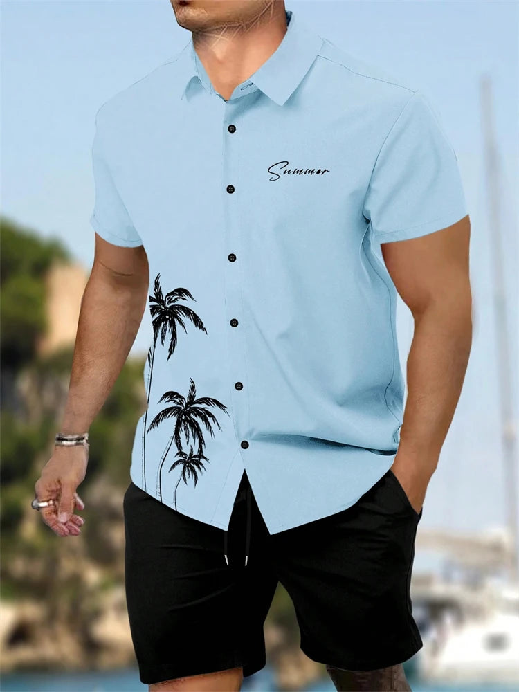 Summer New Men's Short Sleeve Shirt and Shorts 2 Piece Set Fashion Coconut Tree Print Lapel Shirt Beach Drawstring Shorts Set mon