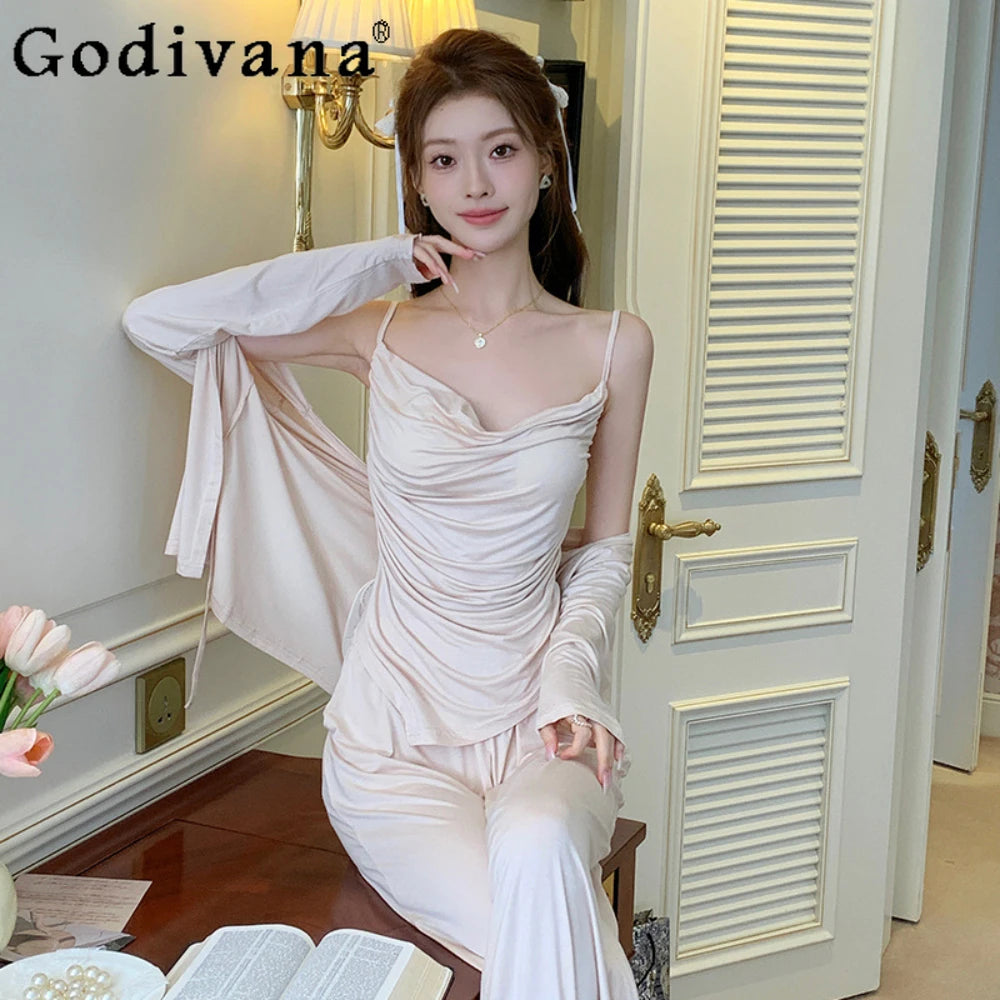French Pajamas Women's 2024 Spring Autumn Sling Vest Sleepwear with Chest Pad Three-piece Set Loungewear Nightdress