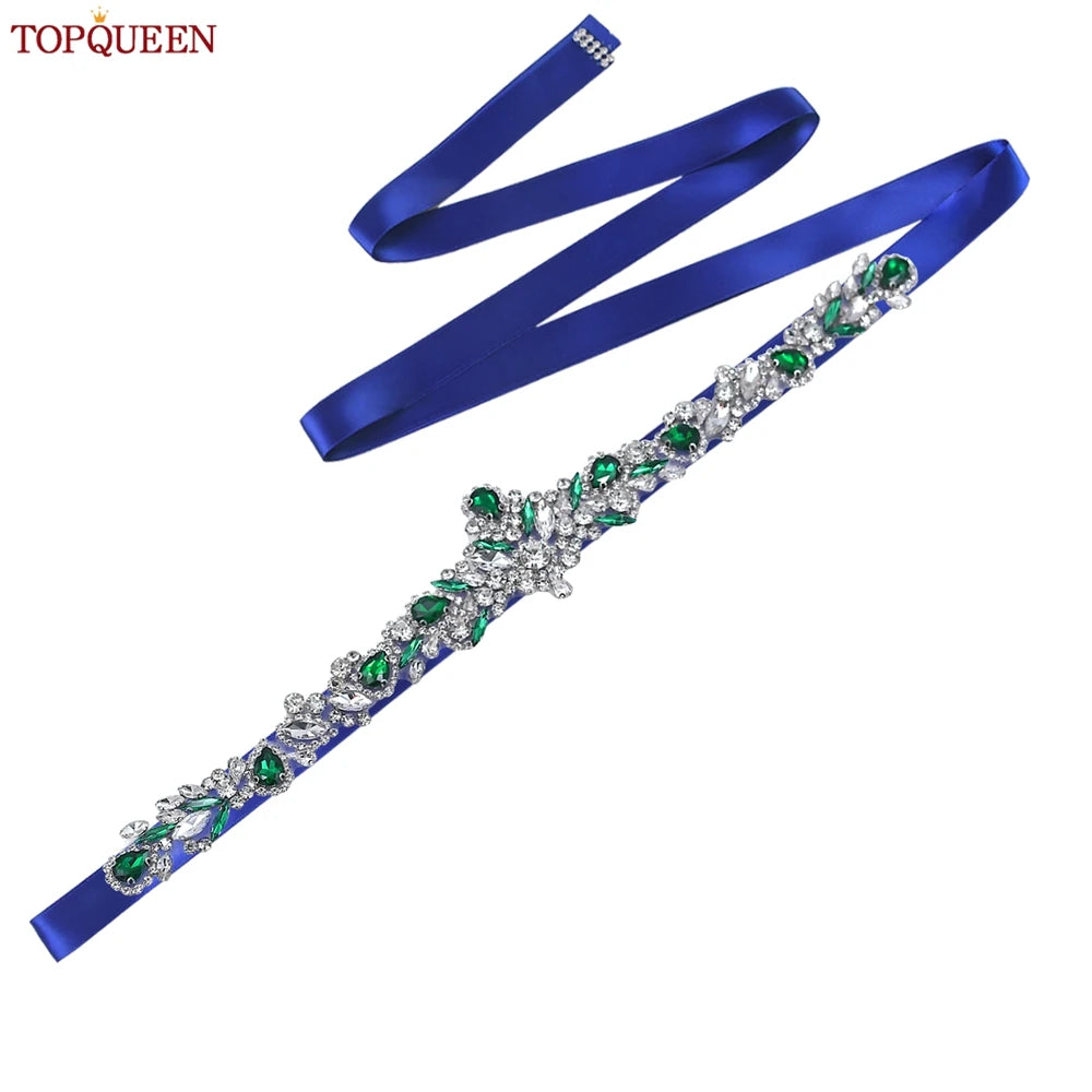 TOPQUEEN S462-KL Rhinestone Bridal Belt Wedding With Green Diamond Wedding Dress Accessories Belt Sash Party Women Dress Belt