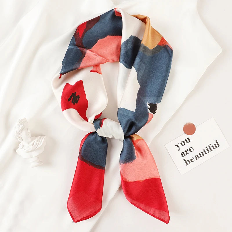Luxury Brand 2023 Silk Square Scarf Women Cat Neck Hair Tie Band Beach Hijab Kerchief Head Headbands Bandana Female Foulard 70cm