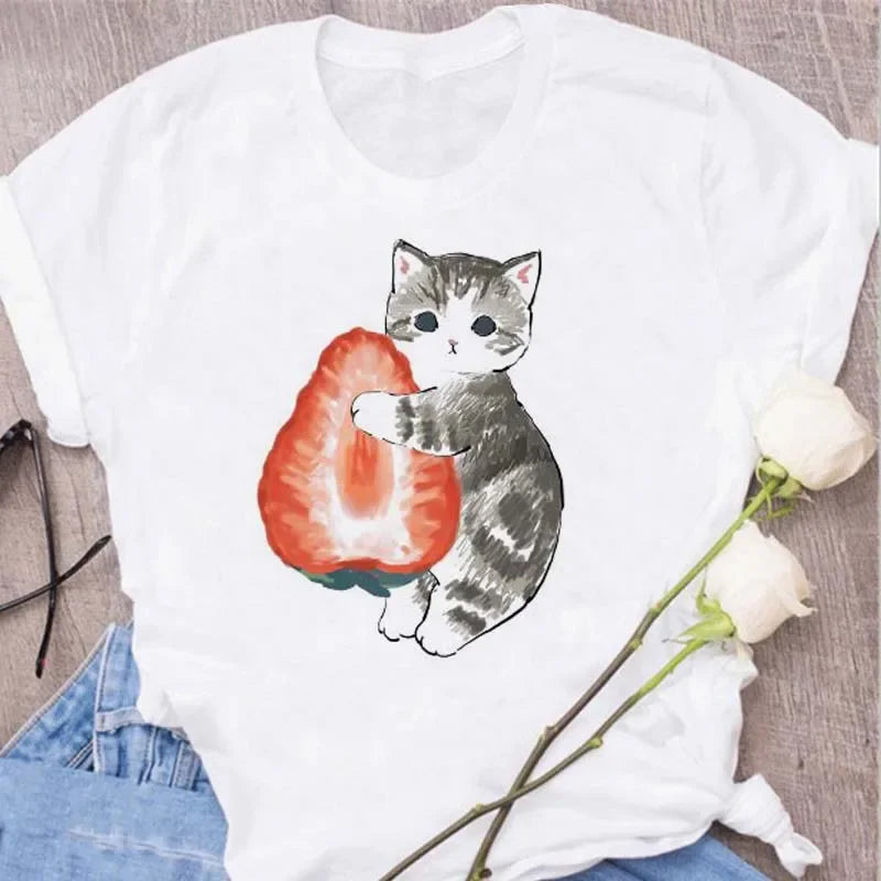 Cute Cats Printing Women T-shirts New Kawaii Women's Tops Fashion Women Clothing Funny Korean Style Creative Casual Clothes Tees