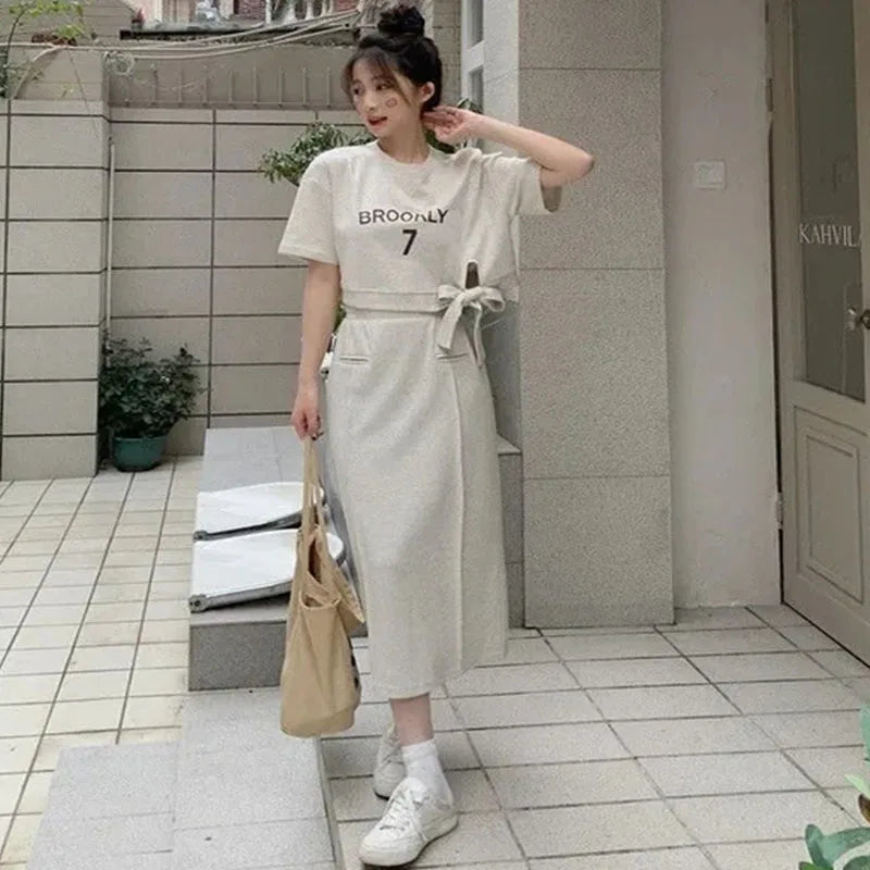 Women Dress Sets Short Sleeve T-shirt+Skirt 2Pcs Suit Letter Print 2024 Summer Fashion Streetwear Female Casual Loose Outfits