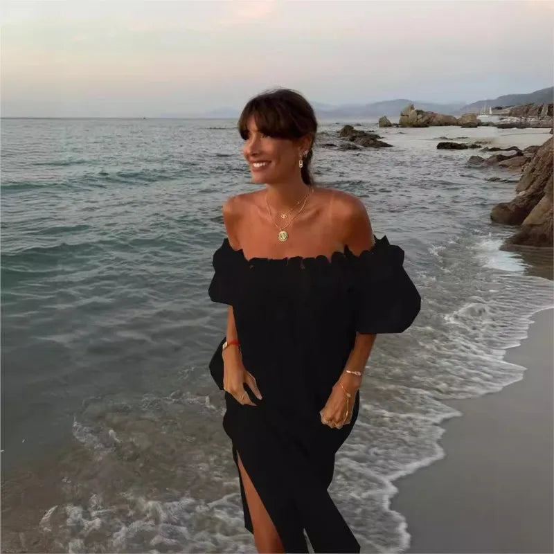 2025 Summer Cotton Linen Women Dress Long White Off The Shoulder Side Split Dresses Female Elegant Casual Trendy Ladies Clothes