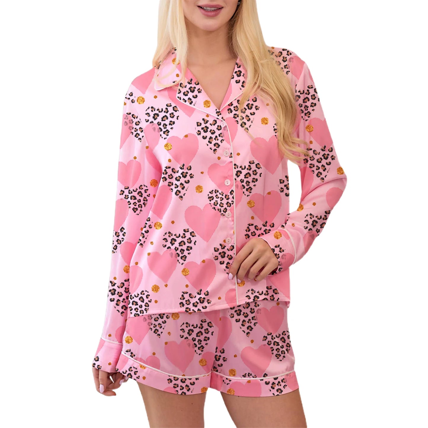 Women s Valentine s Day Lounge Set Long Sleeve Heart Print Shirt Shorts Sleepwear