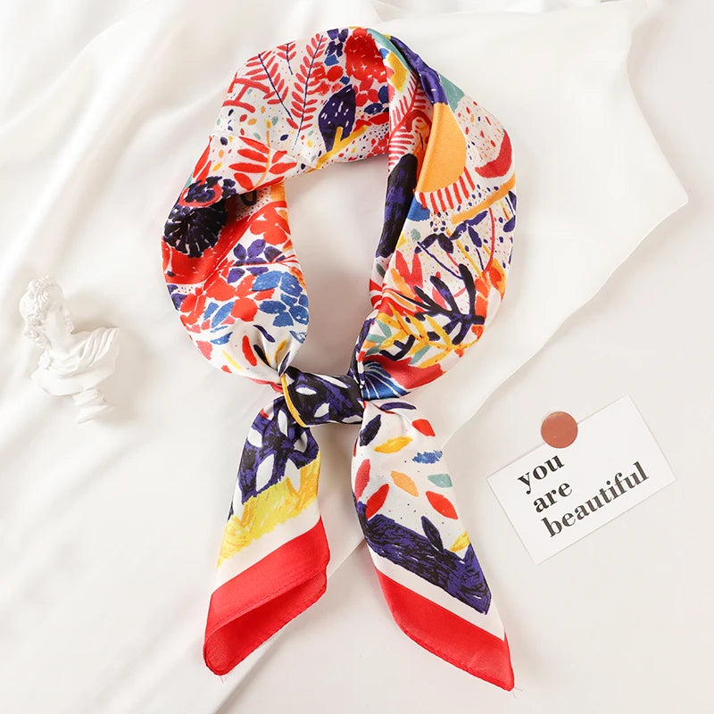 Luxury Brand 2023 Silk Square Scarf Women Cat Neck Hair Tie Band Beach Hijab Kerchief Head Headbands Bandana Female Foulard 70cm
