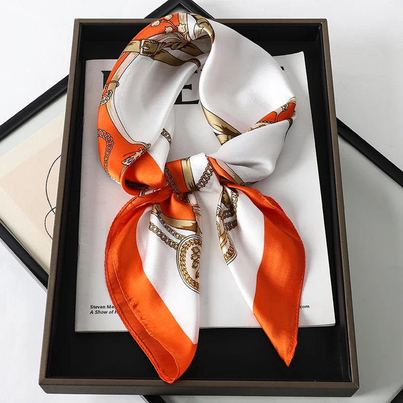Luxury Brand 2023 Silk Square Scarf Women Cat Neck Hair Tie Band Beach Hijab Kerchief Head Headbands Bandana Female Foulard 70cm