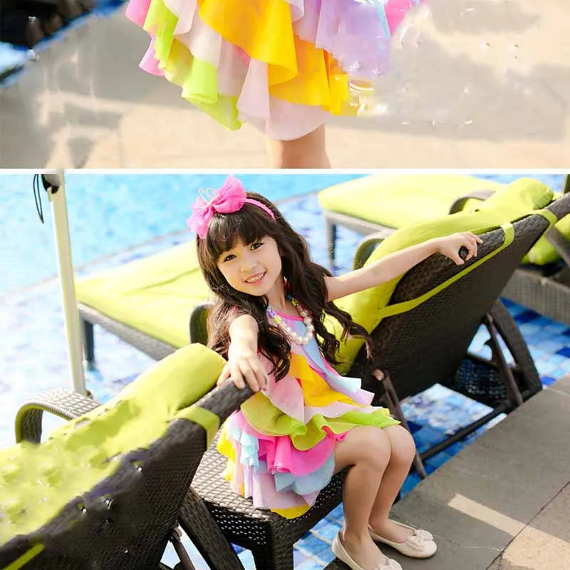 Summer Girls Dress No Necklace Korean Style Children'S Clothing Gauze Princess Costumes Baby Kids Sling Rainbow Beach Outfits