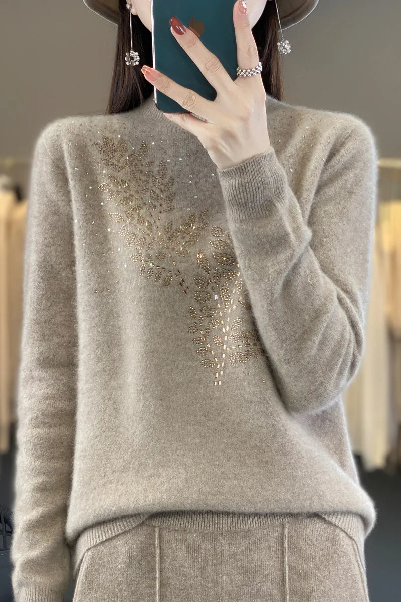 Autumn and Winter New Line ready to wear Knitted Half High Collar Leaf Diamond Women's Solid Color Simple Fashion Sweater