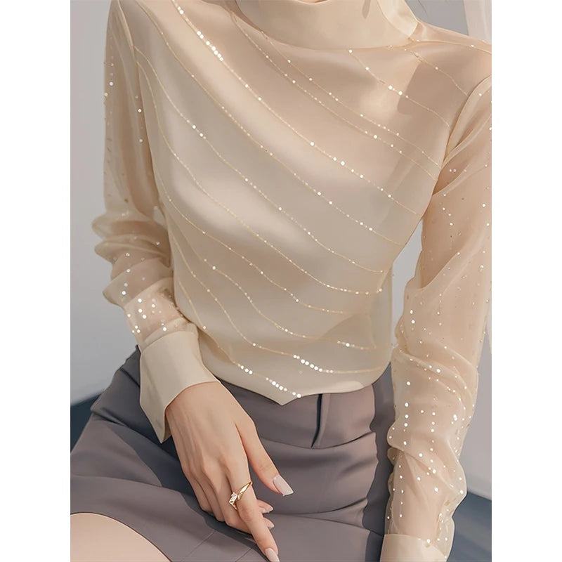 Women Spring Autumn Simplicity Office Lady Solid Color Stand-up Collar Long Sleeve Shirts Ladies Fashion All-match Diamonds Tops