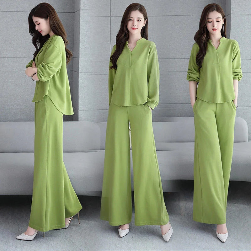Women's Suits 2021 Spring Autumn New Fashion Korean Style Loose Tops Wide Leg Pant Two Piece Set Women Plus Size Clothing Ladies