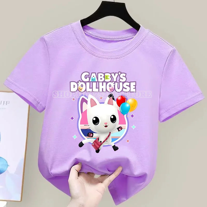 Gabby Dollhouse T-Shirt Anime Print Kleidung Mädchen Niedlich Cartoon Einfache Babykleidung Kind Lila Sommer T-Shirt Kinder Geburtstagsgeschenk