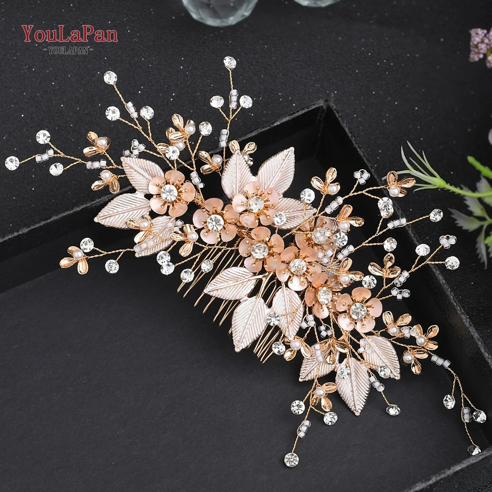 YouLaPan Gold Floral Wedding Hair Comb Bridal Crystal Pearls Headpiece Hair Accessories Bride Jewelry Women Hair Clips HP368