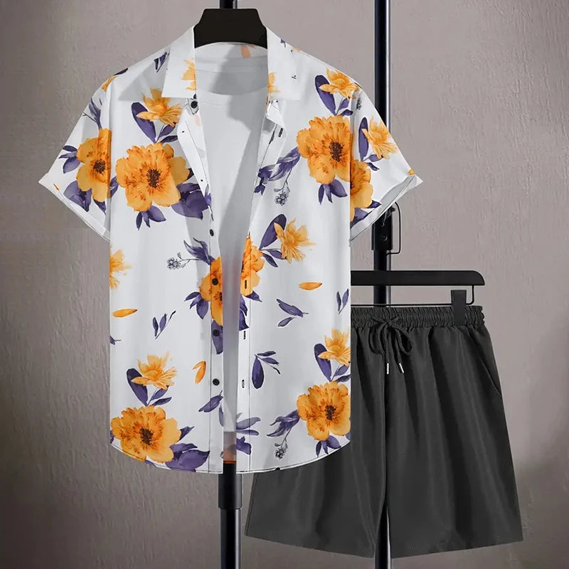 Stylish Lapel Button-Down Shirt Shorts Set Summer Men's Short-Sleeved Shirt Drawstring Shorts 2-Piece 3D Leaf Print Travel Suit mon