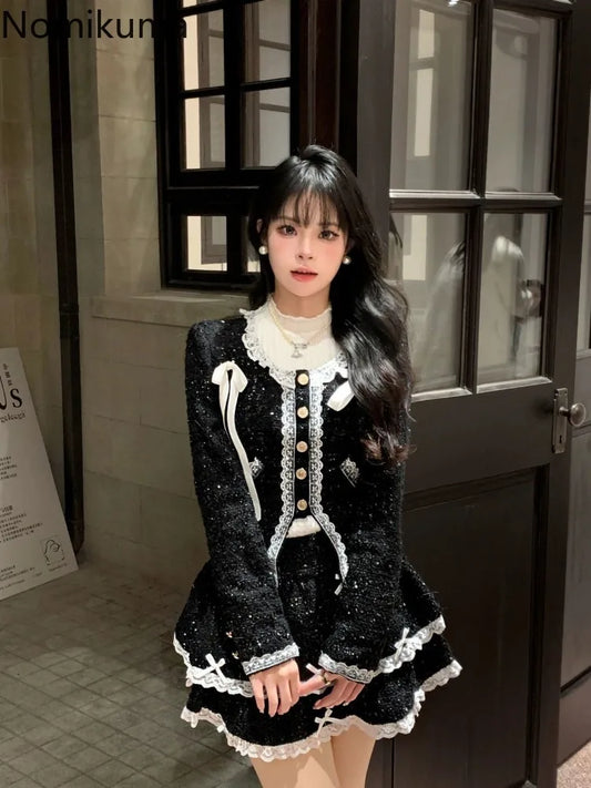 Skirt Outfits Chic Korean Two Piece Set Women Clothing Long Sleeve Tunic Coat A-line High Waist Skirts Suit Lace Bow Sweet Sets